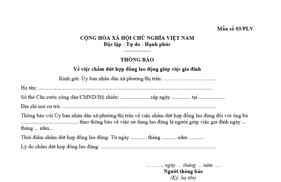 Mẫu thông báo về việc chấm dứt hợp đồng lao động giúp việc gia đình Mẫu thông báo về việc chấm dứt hợp đồng lao động giúp việc gia đình