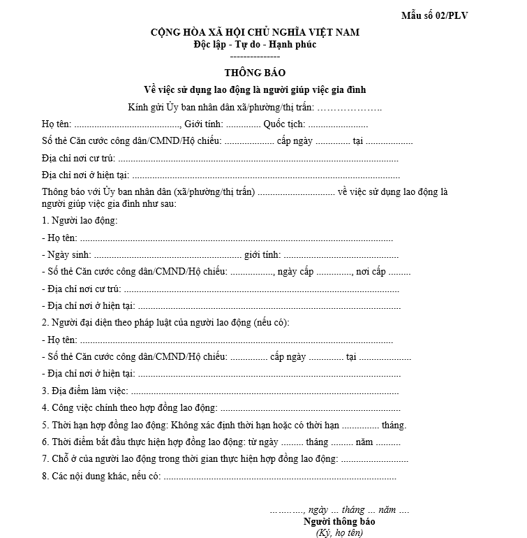 Mẫu thông báo về việc sử dụng lao động là người giúp việc gia đình Mẫu thông báo về việc sử dụng lao động là người giúp việc gia đình
