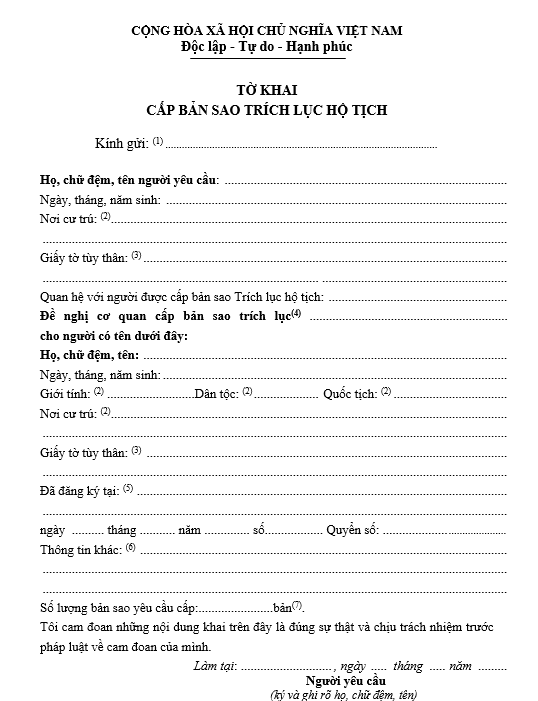 Mẫu tờ khai cấp bản sao trích lục hộ tịch Mẫu tờ khai cấp bản sao trích lục hộ tịch