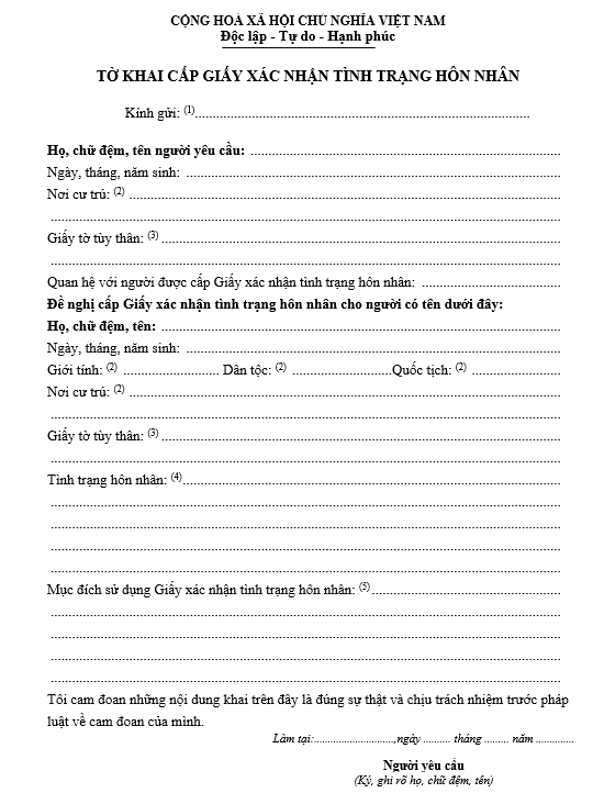 Mẫu tờ khai cấp giấy xác nhận tình trạng hôn nhân Mẫu tờ khai cấp giấy xác nhận tình trạng hôn nhân