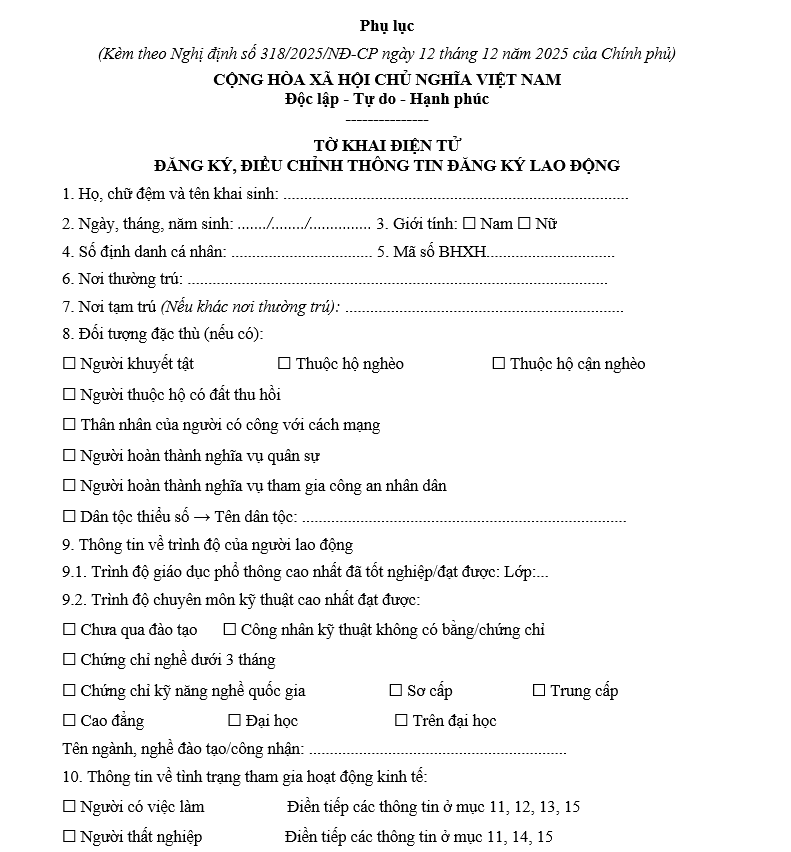 Mẫu tờ khai đăng ký lao động theo Nghị định 318/2025/NĐ-CP Mẫu tờ khai đăng ký lao động theo Nghị định 318-2025-NĐ-CP