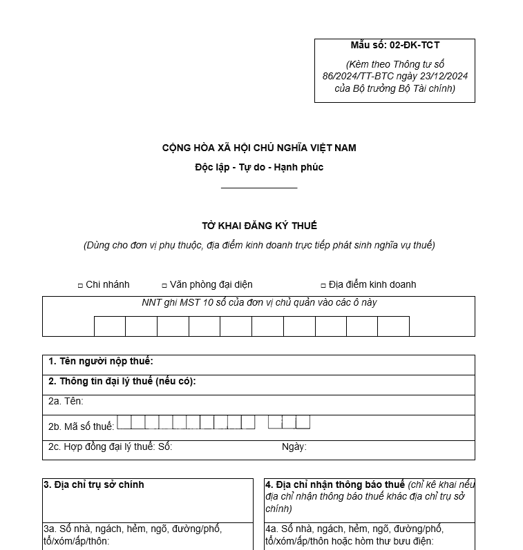 Mẫu tờ khai đăng ký thuế (Dùng cho đơn vị phụ thuộc, địa điểm kinh doanh trực tiếp phát sinh nghĩa vụ thuế) Mẫu tờ khai đăng ký thuế (Dùng cho đơn vị phụ thuộc, địa điểm kinh doanh trực tiếp phát sinh nghĩa vụ thuế)