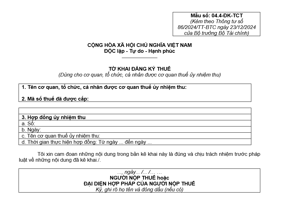 Mẫu tờ khai đăng ký thuế (Dùng cho tổ chức ủy nhiệm thu) Mẫu tờ khai đăng ký thuế (Dùng cho tổ chức ủy nhiệm thu)