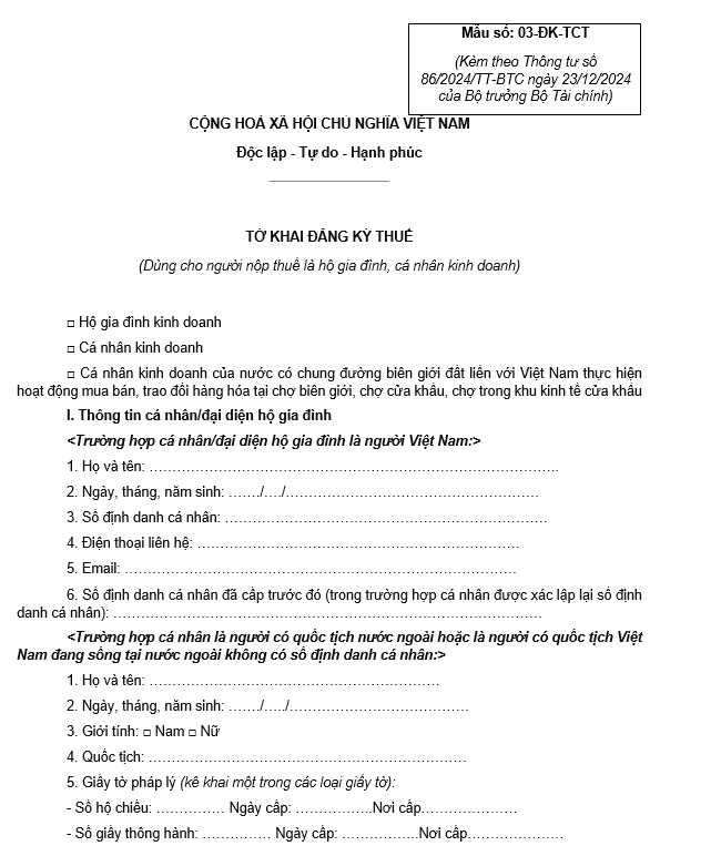 Mẫu tờ khai đăng ký thuế (dùng cho hộ gia đình, cá nhân kinh doanh) Mẫu tờ khai đăng ký thuế (dùng cho hộ gia đình, cá nhân kinh doanh)