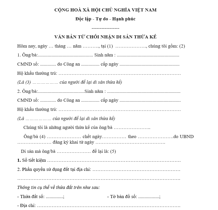 Mẫu văn bản từ chối thừa kế mới nhất 2025 Mẫu văn bản từ chối thừa kế mới nhất 2025
