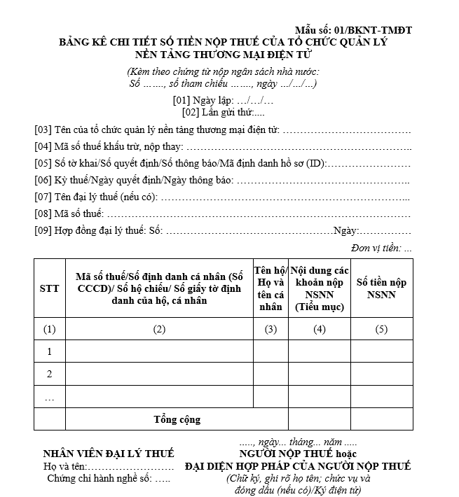 Mẫu bảng kê chi tiết số tiền nộp thuế của tổ chức quản lý nền tảng thương mại điện tử Mẫu bảng kê chi tiết số tiền nộp thuế của tổ chức quản lý nền tảng thương mại điện tử