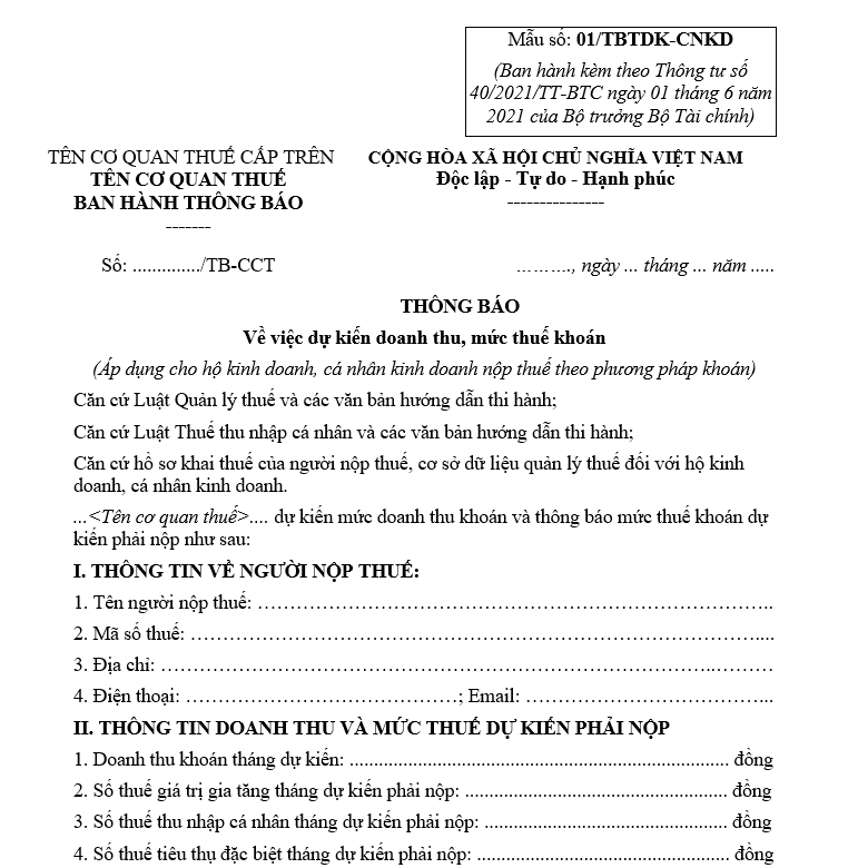 Mẫu thông báo về việc dự kiến doanh thu, mức thuế khoán theo Thông tư 94/2025/TT-BTC Mẫu thông báo về việc dự kiến doanh thu, mức thuế khoán (Áp dụng cho hộ kinh doanh, cá nhân kinh doanh nộp thuế theo phương pháp khoán)