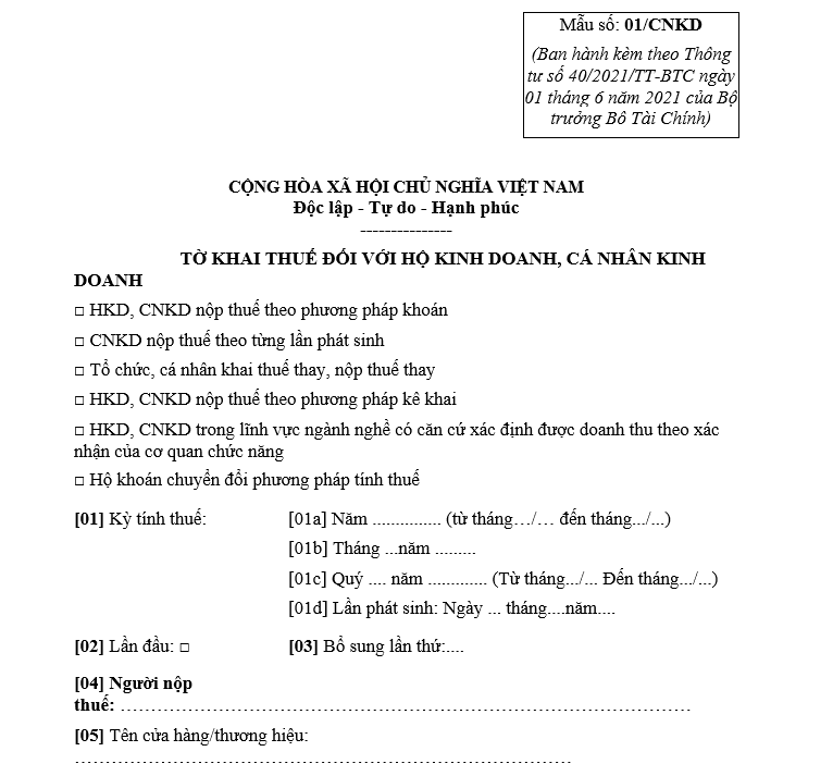 Mẫu tờ khai thuế đối với hộ kinh doanh, cá nhân kinh doanh theo Thông tư 94/2025/TT-BTC Mẫu tờ khai thuế đối với hộ kinh doanh, cá nhân kinh doanh