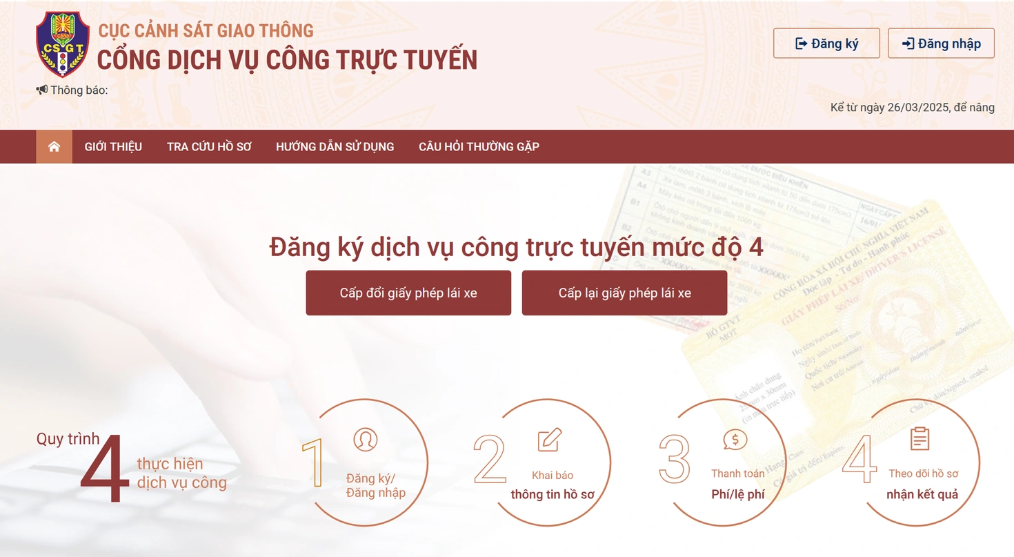 Nhấn nút "Cấp đổi giấy phép lái xe"