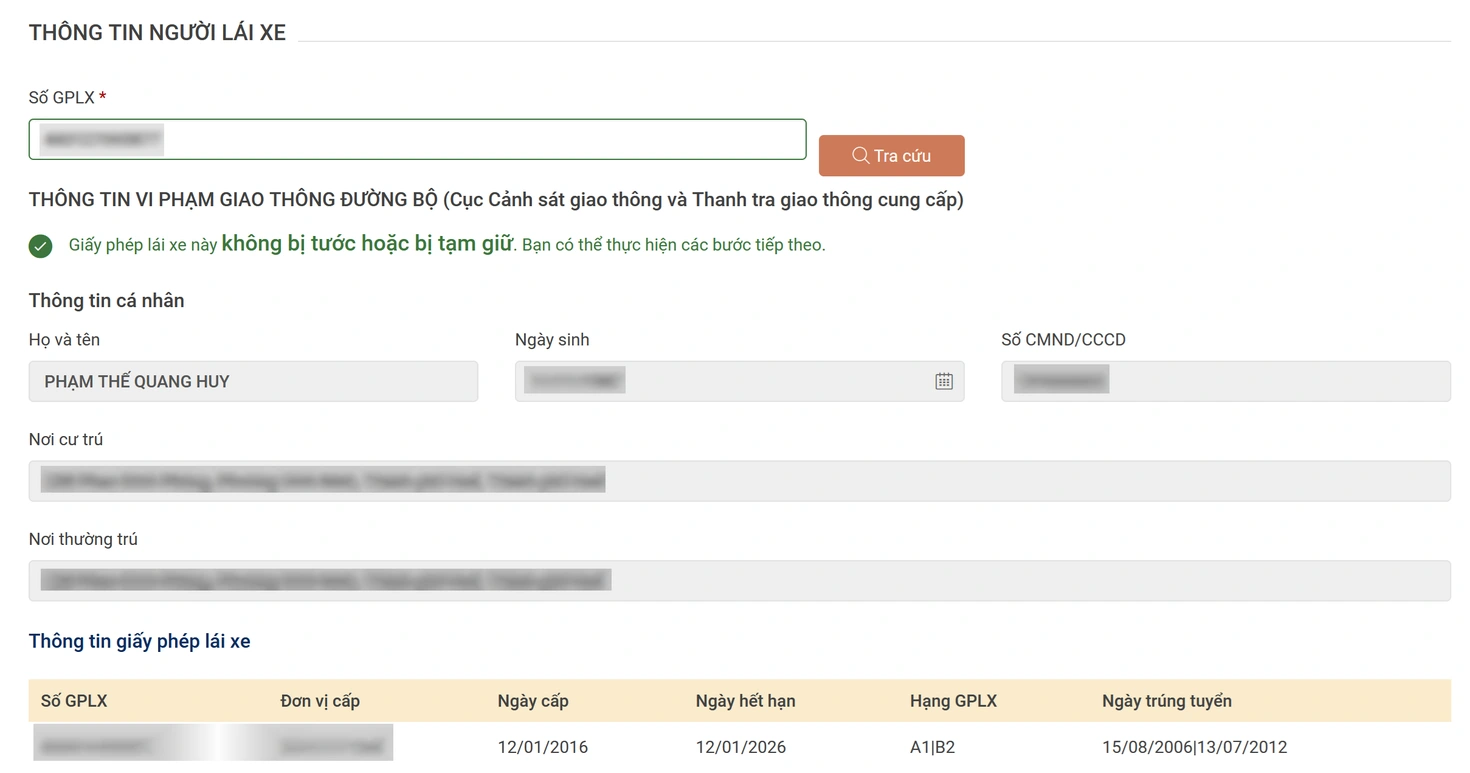 Tại phần "Thông tin người lái xe" ở bên dưới, bạn chỉ việc nhập số GPLX vào khung trống và nhấn nút "Tra cứu"