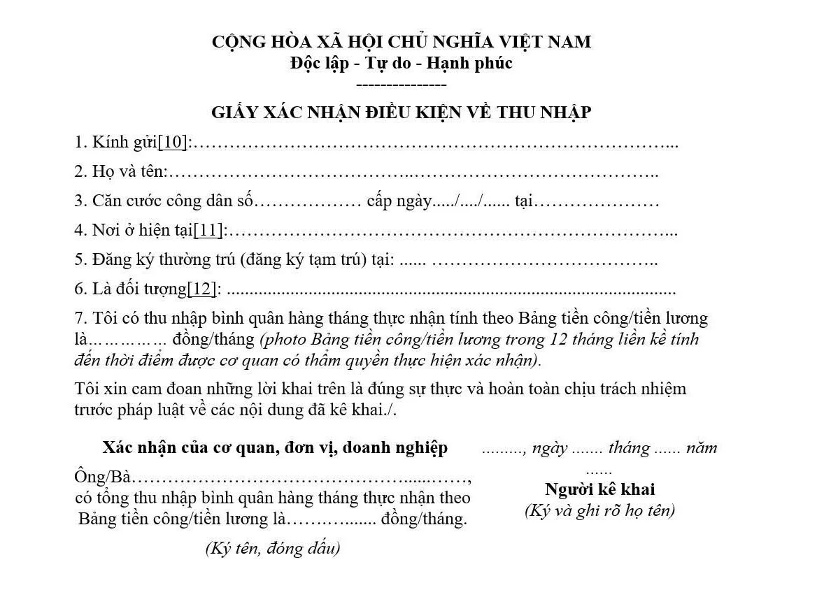 Mẫu Giấy xác nhận điều kiện về thu nhập để được hưởng chính sách hỗ trợ về nhà ở xã hội mới nhất 2026 