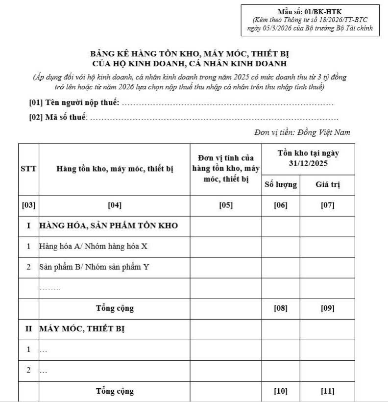 Mẫu số 01/BK-HTK Bảng kê hàng tồn kho, máy móc, thiết bị của hộ kinh doanh, cá nhân kinh doanh năm 2026 Mẫu số 01/BK-HTK Bảng kê hàng tồn kho, máy móc, thiết bị của hộ kinh doanh, cá nhân kinh doanh năm 2026