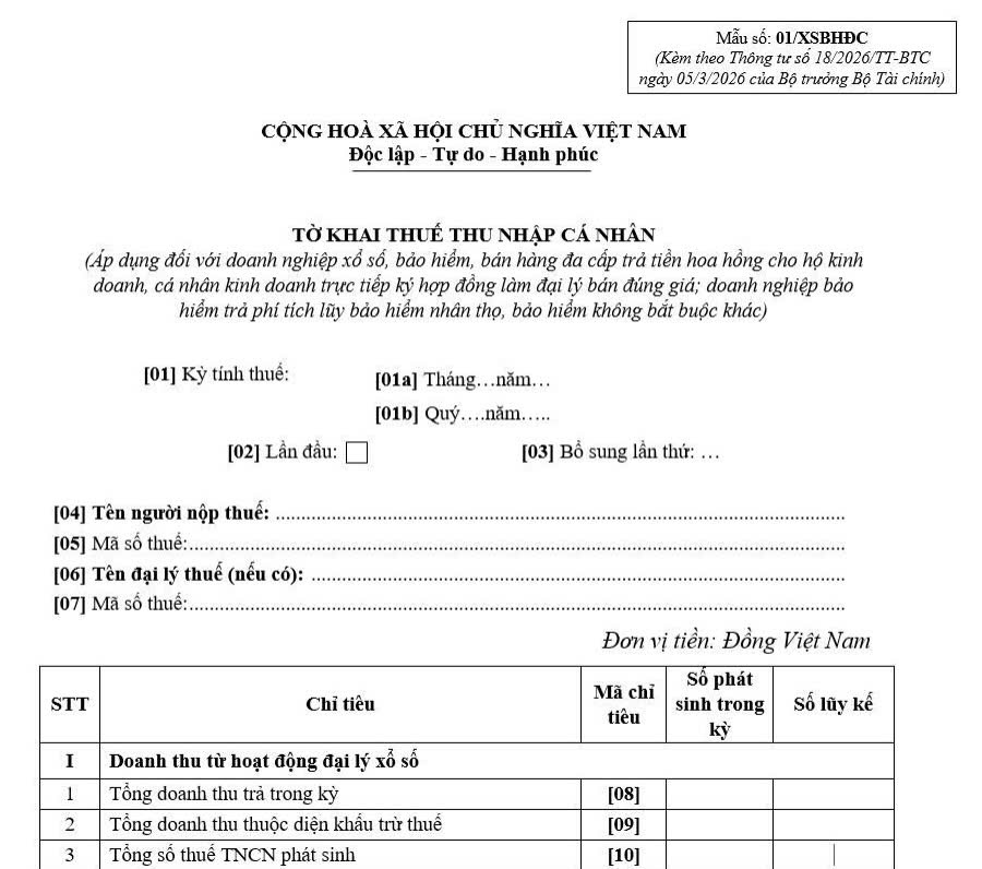 Mẫu số 01/XSBHĐC Tờ khai thuế TNCN đối với hoạt động đại lý xổ số, bảo hiểm, bán hàng đa cấp năm 2026 Mẫu số 01/XSBHĐC Tờ khai thuế TNCN đối với hoạt động đại lý xổ số, bảo hiểm, bán hàng đa cấp năm 2026