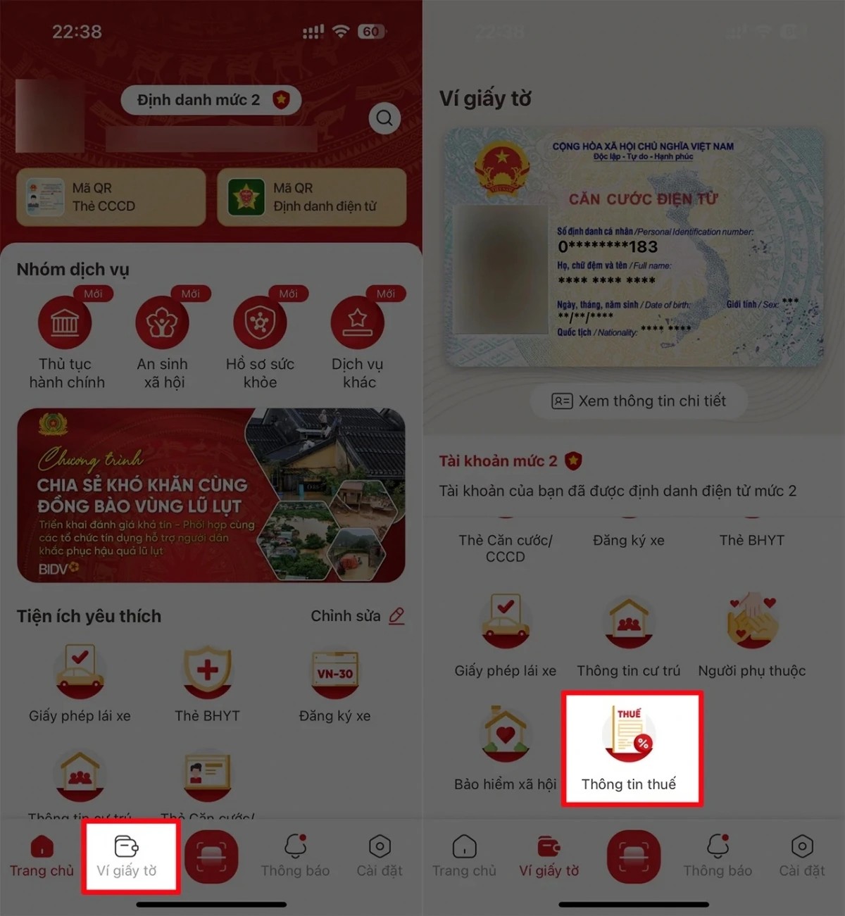 Hướng dẫn cách tích hợp mã số thuế cá nhân vào VNeID Bước 2: Truy cập mục "Thông tin thuế"