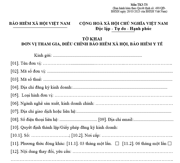 Mẫu TK3-TS Tờ khai đơn vị tham gia, điều chỉnh bảo hiểm xã hội, bảo hiểm y tế mới nhất năm 2026